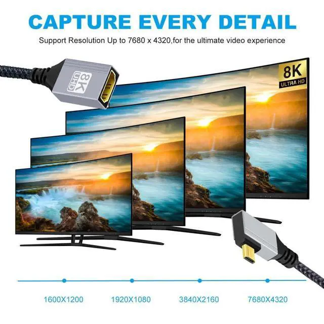Alt view image 2 of 7 - 8K HDMI 2.1 Cable,Micro HDMI to HDMI 8K@60Hz 4K@120Hz 48Gbps Ultra High Speed Gold Plated Braided 90 Degree Right Angled Cable 17CM/0.55FT