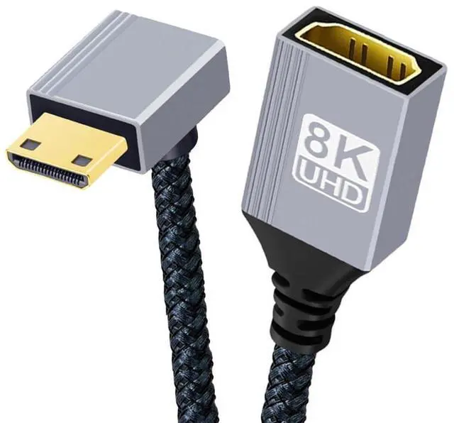 Main image of 8K HDMI 2.1 Cable,Mini HDMI to HDMI 8K@60Hz 4K@120Hz 48Gbps Ultra High Speed Gold Plated Braided 90 Degree Down Angled Cable 17CM/0.55FT