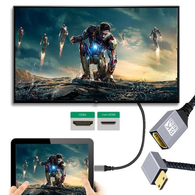 Alt view image 3 of 7 - 8K HDMI 2.1 Cable,Mini HDMI to HDMI 8K@60Hz 4K@120Hz 48Gbps Ultra High Speed Gold Plated Braided 90 Degree Down Angled Cable 17CM/0.55FT