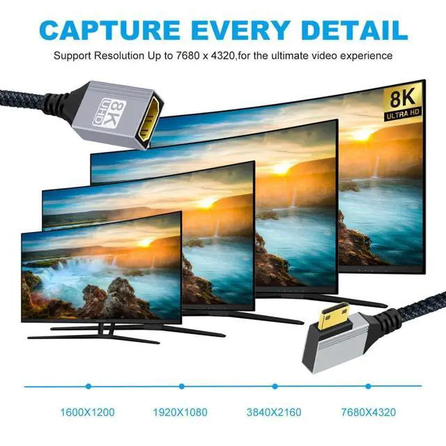 Alt view image 2 of 7 - 8K HDMI 2.1 Cable,Mini HDMI to HDMI 8K@60Hz 4K@120Hz 48Gbps Ultra High Speed Gold Plated Braided 90 Degree Right Angled Cable 17CM/0.55FT