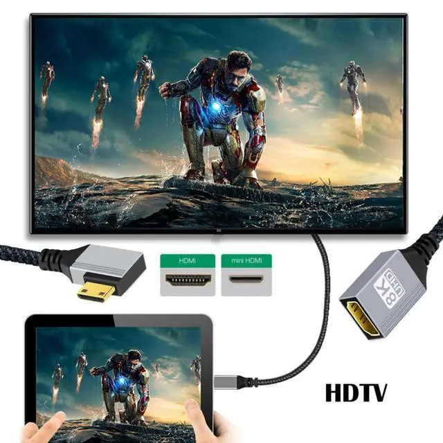 Alt view image 3 of 7 - 8K HDMI 2.1 Cable,Mini HDMI to HDMI 8K@60Hz 4K@120Hz 48Gbps Ultra High Speed Gold Plated Braided 90 Degree Right Angled Cable 17CM/0.55FT