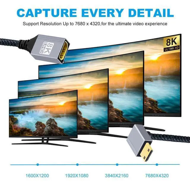 Alt view image 2 of 7 - 8K HDMI 2.1 Cable,Mini HDMI to HDMI 8K@60Hz 4K@120Hz 48Gbps Ultra High Speed Gold Plated Braided 90 Degree Down Angled Cable 17CM/0.55FT