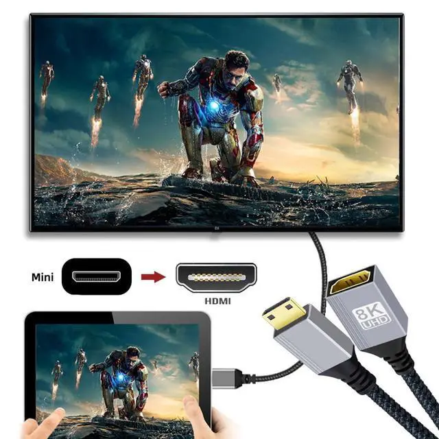 Alt view image 4 of 7 - 8K HDMI 2.1 Cable,Mini HDMI Male to HDMI Female 8K@60Hz 4K@120Hz 48Gbps Ultra High Speed Gold Plated Braided Cable 17CM/0.55FT for TV, Monitor, Computer