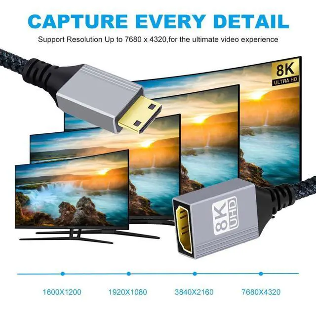 Alt view image 2 of 7 - 8K HDMI 2.1 Cable,Mini HDMI Male to HDMI Female 8K@60Hz 4K@120Hz 48Gbps Ultra High Speed Gold Plated Braided Cable 17CM/0.55FT for TV, Monitor, Computer