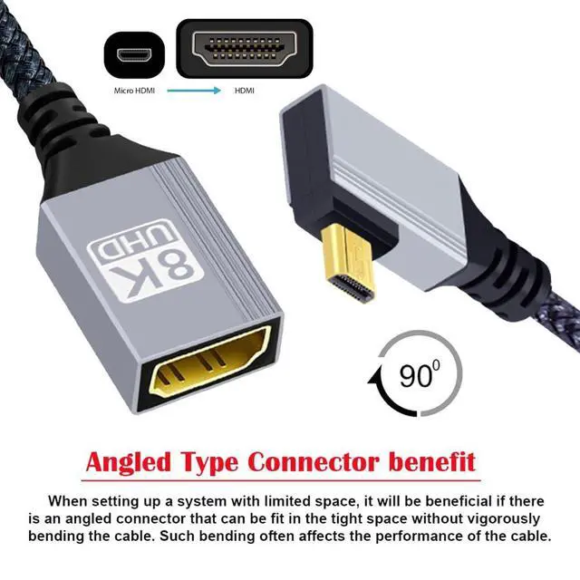 Alt view image 7 of 7 - 8K HDMI 2.1 Cable,Micro HDMI to HDMI 8K@60Hz 4K@120Hz 48Gbps Ultra High Speed Gold Plated Braided 90 Degree Right Angled Cable 17CM/0.55FT