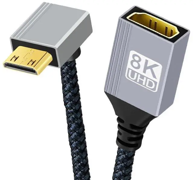 Main image of 8K HDMI 2.1 Cable,Mini HDMI to HDMI 8K@60Hz 4K@120Hz 48Gbps Ultra High Speed Gold Plated Braided 90 Degree UP Angled Cable 17CM/0.55FT