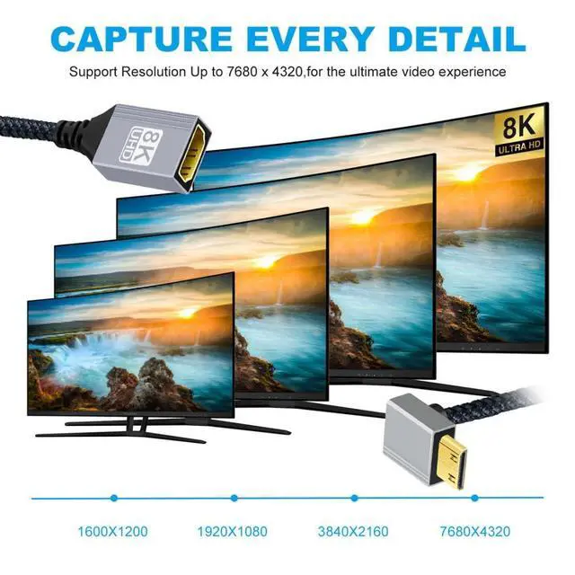 Alt view image 2 of 7 - 8K HDMI 2.1 Cable,Mini HDMI to HDMI 8K@60Hz 4K@120Hz 48Gbps Ultra High Speed Gold Plated Braided 90 Degree UP Angled Cable 17CM/0.55FT