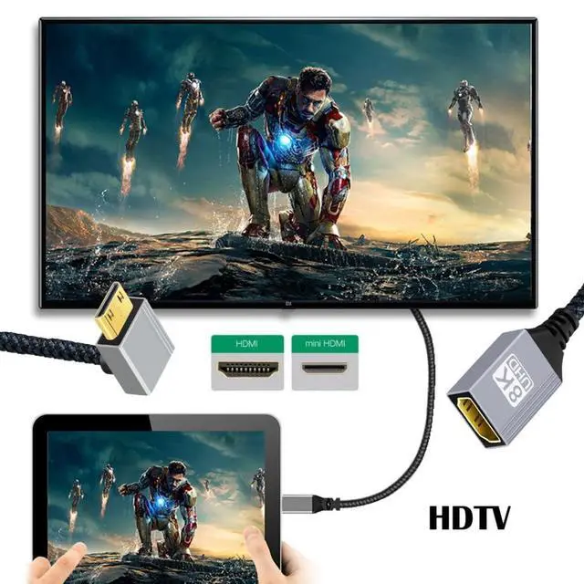 Alt view image 3 of 7 - 8K HDMI 2.1 Cable,Mini HDMI to HDMI 8K@60Hz 4K@120Hz 48Gbps Ultra High Speed Gold Plated Braided 90 Degree UP Angled Cable 17CM/0.55FT