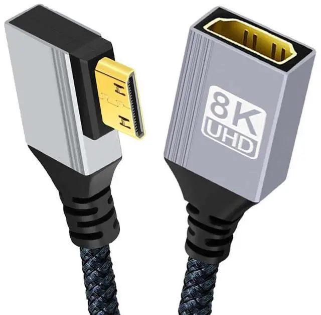 Main image of 8K HDMI 2.1 Cable,Mini HDMI to HDMI 8K@60Hz 4K@120Hz 48Gbps Ultra High Speed Gold Plated Braided 90 Degree Left Angled Cable 17CM/0.55FT
