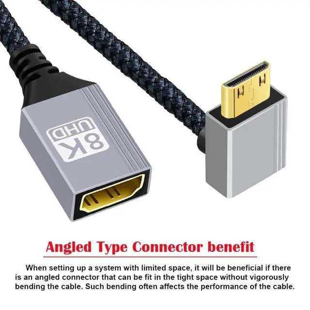 Alt view image 7 of 7 - 8K HDMI 2.1 Cable,Mini HDMI to HDMI 8K@60Hz 4K@120Hz 48Gbps Ultra High Speed Gold Plated Braided 90 Degree UP Angled Cable 17CM/0.55FT