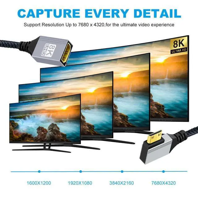 Alt view image 2 of 7 - 8K HDMI 2.1 Cable,Mini HDMI to HDMI 8K@60Hz 4K@120Hz 48Gbps Ultra High Speed Gold Plated Braided 90 Degree Left Angled Cable 17CM/0.55FT