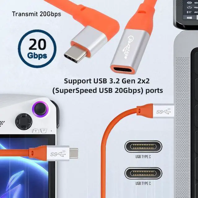 Alt view image 2 of 7 - USB C to C Extension Cable,USB 3.2 Gen 2x2 90 Degree Angled Cable Support 20Gbps Data Transfer PD 100W Fast Charging 8K@60Hz Video Output 0.98FT/0.3M
