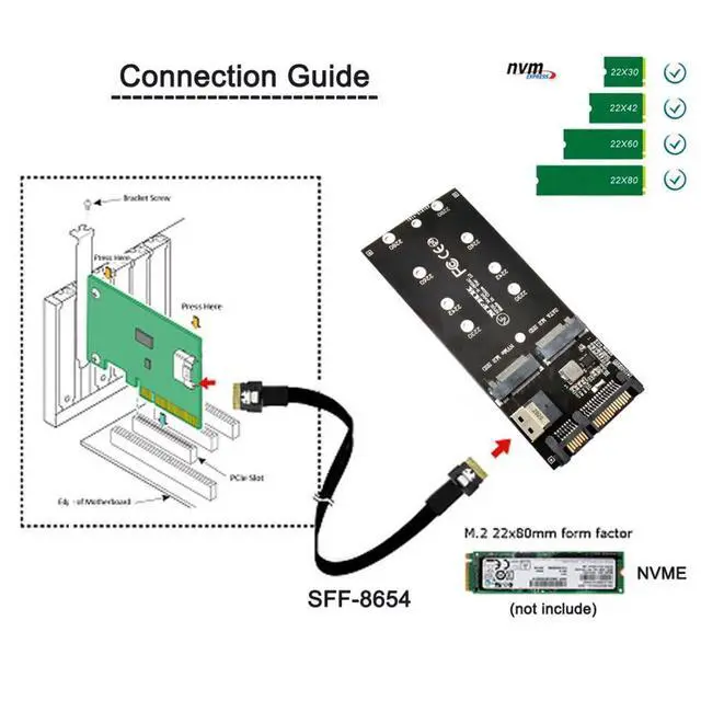 Alt view image 2 of 7 - M.2 NVME to SFF-8654 NGFF SSD to SATA 2 in 1 Combo Adapter with SFF-8654 Cable for Mainboard Internal Expansion (Not Work NVME SSD to SATA)
