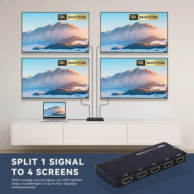 Alt view image 2 of 7 - 4 Port HDMI 2.0 Splitter 4K@60Hz Distribute 1 in/Signal to 4 Out/Screens, Support HDCP Stack Connection for PS5