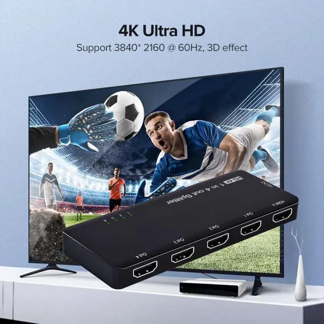 Alt view image 6 of 7 - 4 Port HDMI 2.0 Splitter 4K@60Hz Distribute 1 in/Signal to 4 Out/Screens, Support HDCP Stack Connection for PS5