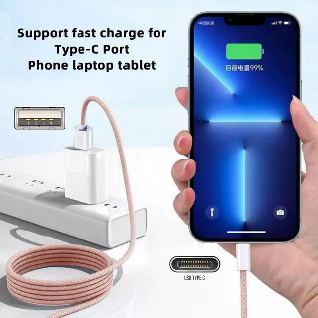 Alt view image 3 of 7 - USB C Nylon Braided Cable, USB 2.0 Male to USB C Male 480Mbps Data Transfer PD 15W Fast Charging Cable Pink 3.28FT/1.0M