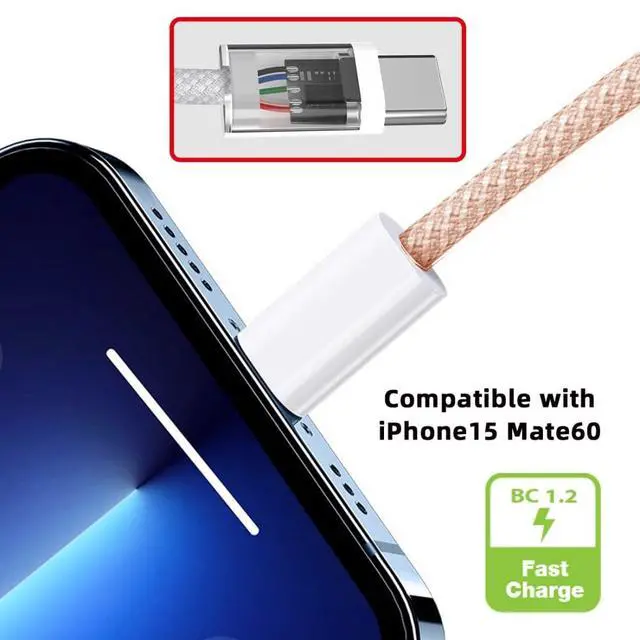 Alt view image 6 of 7 - USB C Nylon Braided Cable, USB 2.0 Male to USB C Male 480Mbps Data Transfer PD 15W Fast Charging Cable Pink 3.28FT/1.0M