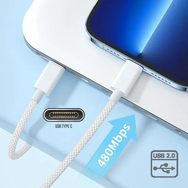 Alt view image 3 of 7 - USB C Nylon Braided Cable, USB 2.0 Male to USB C Male 480Mbps Data Transfer PD 15W Fast Charging Cable White 3.28FT/1.0M