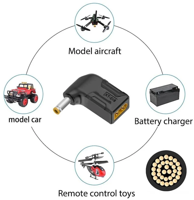 Alt view image 4 of 7 - XT60 to DC Adapter,DC 5.5x2.5mm Male to XT60 Male 90 Degree Right Angled Bidirectional Charging Adapter for Aircraft Model/Car Model Charging Cable XT60 Model Plug