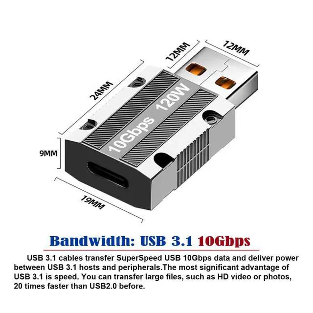 Alt view image 5 of 7 - Type-C USB C to USB 3.0 Connector 10Gbps Data 120W Power Adapter Alloy Shell Mecha Cyberpunk Style