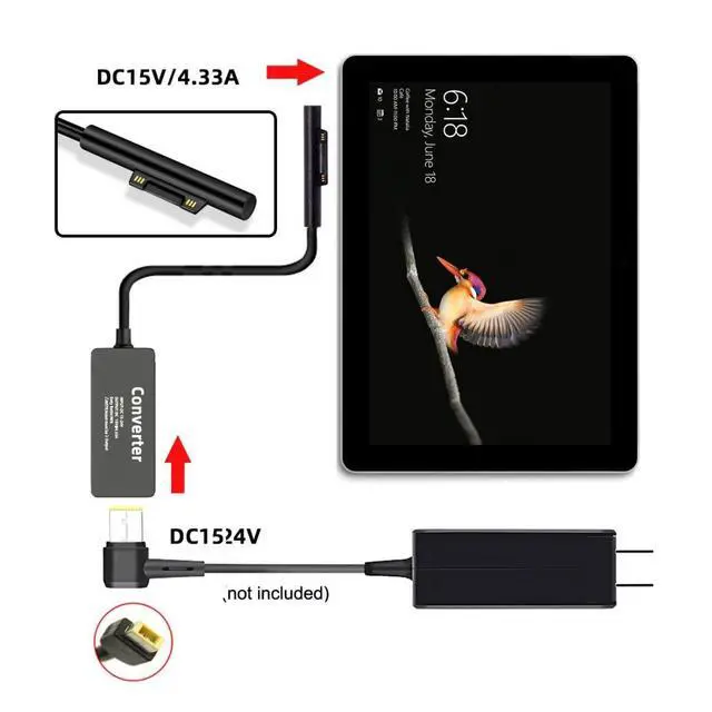 Alt view image 2 of 7 - Surface Charge Converter,Rectangle Power Thinpad X1 to Surface Pro3/4/5/6/7/8/9 Book Pro 65W DC 15V Charge Adapter