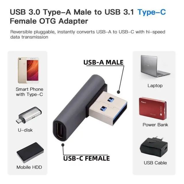 Alt view image 2 of 6 - USB C to USB Adapter,USB 3.0 Male to USB 3.1 Type C Female 90 Degree Left Angled Connector Adapter