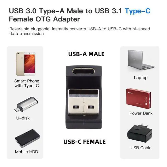 Alt view image 3 of 6 - USB C to USB Adapter,USB 3.0 Male to USB 3.1 Type C Female 180 Degree UP Angled Connector Adapter