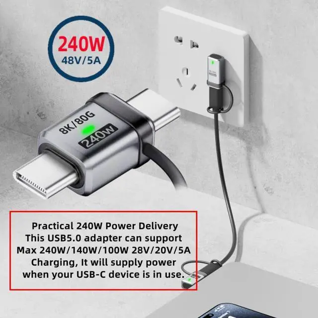 Alt view image 2 of 7 - USB C Adapter,USB C Male to Male Connector Support 80Gbps Data Transfer PD 240W Fast Charging 8K@60Hz Video Output