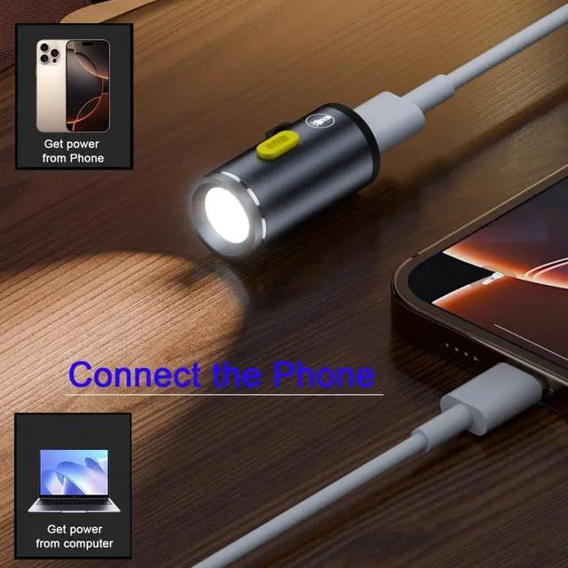 Alt view image 4 of 7 - 2 Pack Mini Flashlight USB C LED Light Brightness 210 Lumens Get Power from Charger/Power Bank Small Size & Easy to Carry with Hook Hole