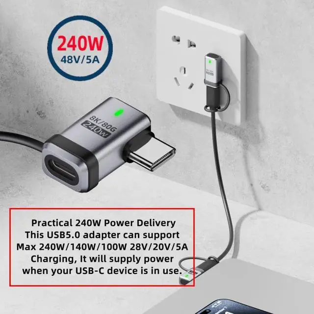Alt view image 2 of 7 - USB C Adapter,USB C 90 Degree Left/Right Angled Flat Connector Support 80Gbps Data Transfer PD 240W Fast Charging 8K@60Hz Video Output