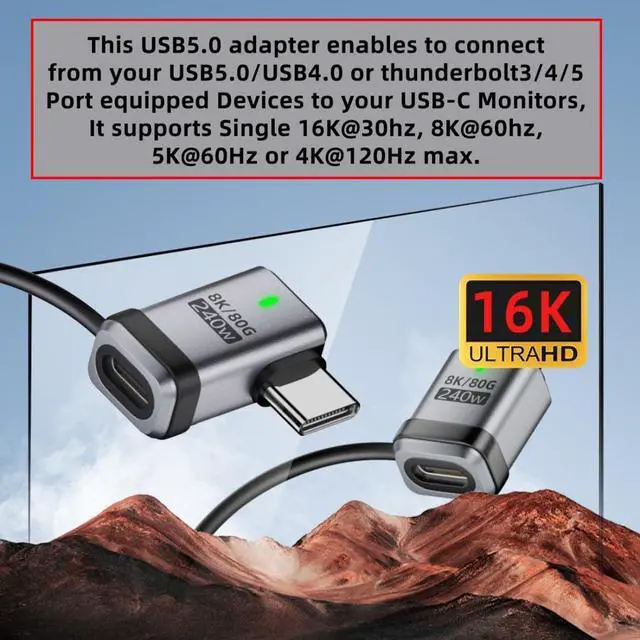 Alt view image 4 of 7 - USB C Adapter,USB C 90 Degree Left/Right Angled Flat Connector Support 80Gbps Data Transfer PD 240W Fast Charging 8K@60Hz Video Output