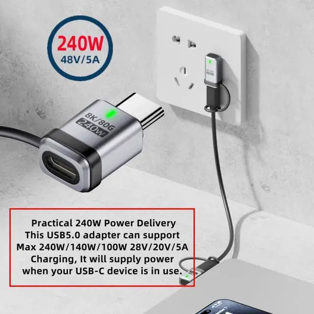 Alt view image 2 of 7 - USB C Adapter,USB C Male to Female Connector Support 80Gbps Data Transfer PD 240W Fast Charging 8K@60Hz Video Output