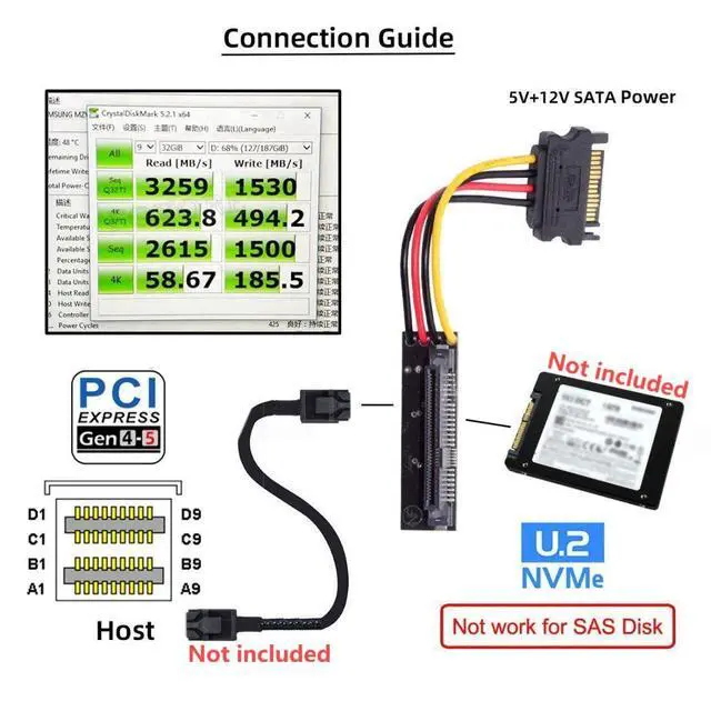 Alt view image 6 of 7 - U.2 U.3 SFF-8639 SSD to SFF-8643 PCB Adapter Card with 5V/12V SATA Power Cable