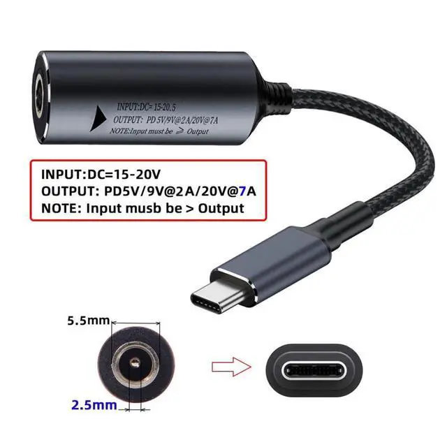 Alt view image 6 of 7 - DC Power to USB C Converter,USB C Male to DC 5.5x2.5mm PD 140W 5V/9V/20V Fast Charging Nylon Braided Cable Adapter