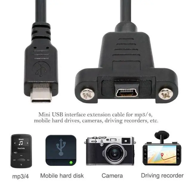 Alt view image 3 of 7 - USB C to Mini USB 2.0 5Pin Data Charge Extension Cable with Panel Mount Holes 30cm