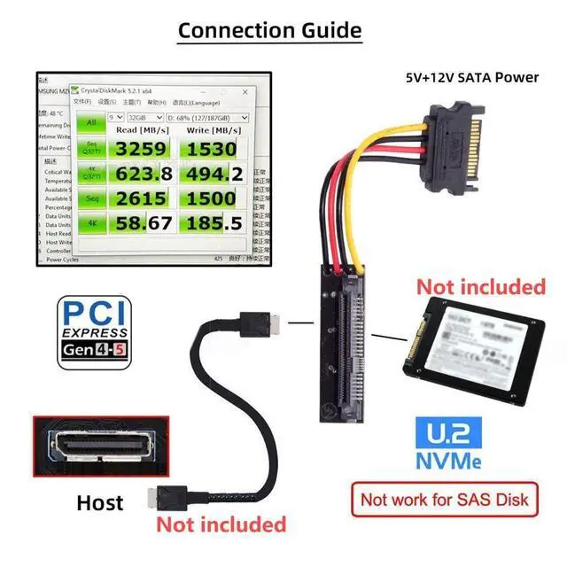 Alt view image 6 of 7 - U.2 U.3 SFF-8639 SSD to Oculink SFF-8612 PCB Adapter Card with 5V/12V SATA Power Cable