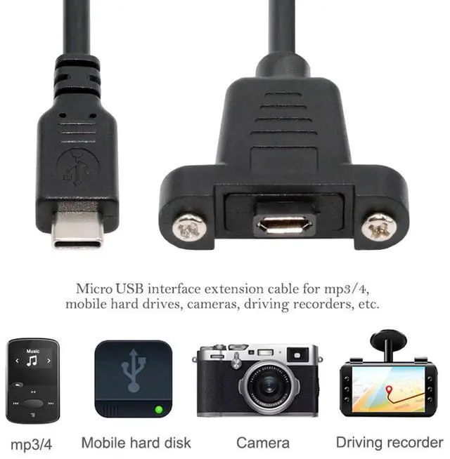 Alt view image 2 of 7 - USB C to Micro USB 2.0 5Pin Data Charge Extension Cable with Panel Mount Holes 50cm