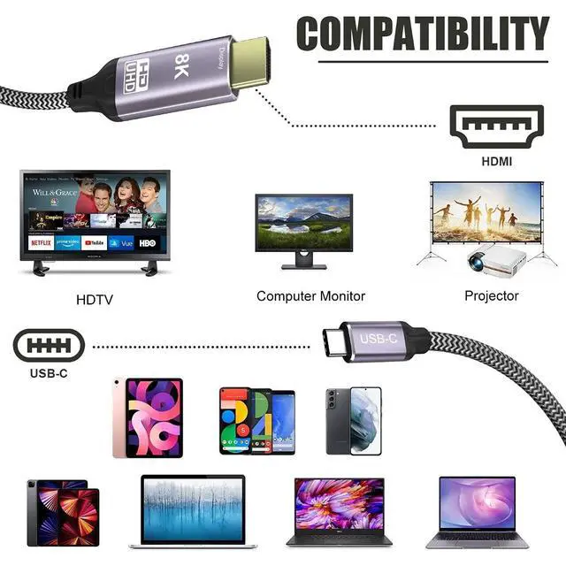 Alt view image 2 of 7 - 5.91FT USB C to HDMI 8K Displays Gold Plating Braided Cable Supports 8K@30Hz,4K@60Hz One Way Transmission Compatible with Thunderbolt 3/4