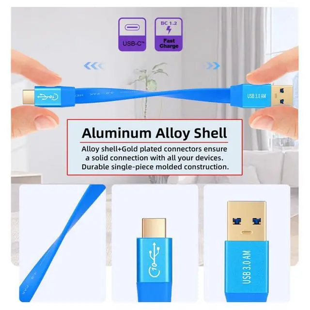 Alt view image 2 of 7 - USB C Flat Cable, USB 3.0 Male to USB C Male PD 15W Fast Charge 10Gbps Data Transfer Extension Cable 3.28FT/1.0M