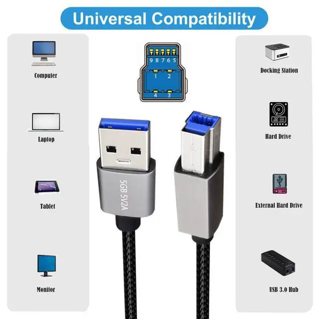 Alt view image 4 of 6 - USB 3.0 Nylon Braided Cable USB 3.0 Type A to Type B Extension Data Cable 5Gbps for Disk SSD Camera 0.3M