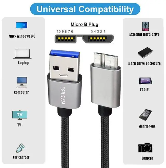 Alt view image 3 of 6 - USB 3.0 Nylon Braided Cable USB 3.0 Type A to Micro 3.0 B Extension Data Cable 5Gbps for Disk SSD Camera 0.3M