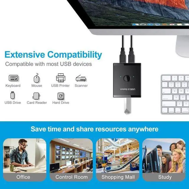 Alt view image 5 of 7 - CY KVM Bidirectional USB 3.0 Switch Selector 2 to 1 PCs Sharing or 1 to 2 Hub for Keyboard Mouse Scanner Printer