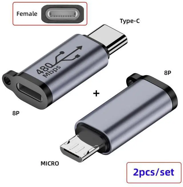 Alt view image 5 of 7 - 2 Pack USB 2.0 USB C/Micro USB Male to 8P Female 480Mbps Data Transfer 12W 5V 2.4A Charging Converter Adapter