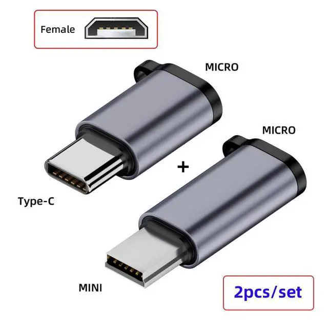 Alt view image 4 of 7 - 2 Pack USB 2.0 USB C/Mini USB Male to Micro USB Female 480Mbps Data Transfer 12W 5V 2.4A Charging Converter Adapter