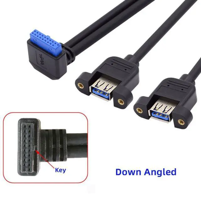Alt view image 2 of 7 - 2 Ports USB 3.0 Female to Motherboard 20Pin Male Cable for Front Panel Screw Mount Type 30cm 90 Degree Down Angled
