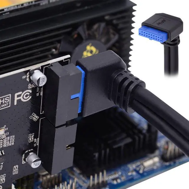 Alt view image 7 of 7 - 2 Ports USB 3.0 Female to Motherboard 20Pin Male Cable for Front Panel Screw Mount Type 30cm 90 Degree Down Angled