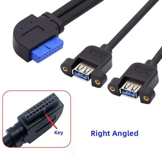 Alt view image 2 of 7 - 2 Ports USB 3.0 Female to Motherboard 20Pin Male Cable for Front Panel Screw Mount Type 30cm 90 Degree Right Angled