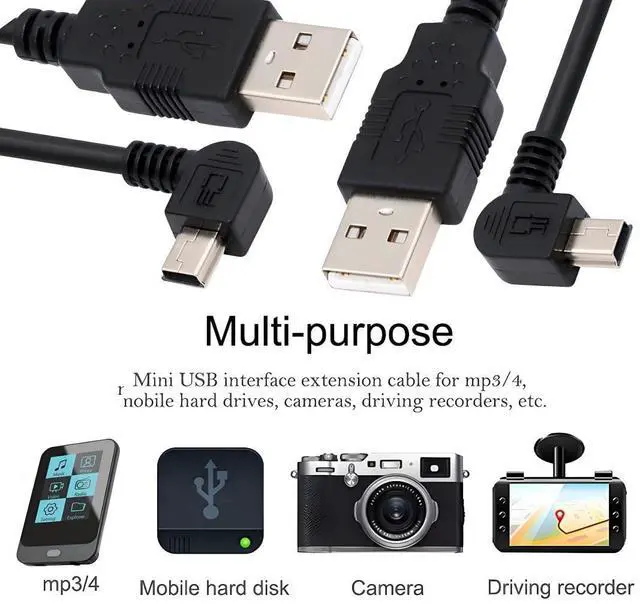 Alt view image 4 of 7 - 2 Pack Mini USB Cable,USB 2.0 Male to Mini USB 5 Pin Male 90 Degree Left/Right Angled Charging Data Transfer Extension Cable Black 1.64FT/0.5M