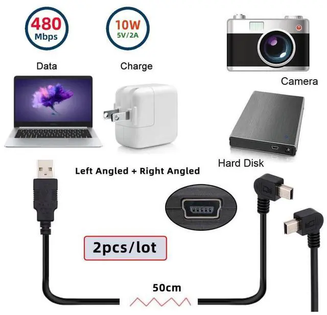 Alt view image 5 of 7 - 2 Pack Mini USB Cable,USB 2.0 Male to Mini USB 5 Pin Male 90 Degree Left/Right Angled Charging Data Transfer Extension Cable Black 1.64FT/0.5M