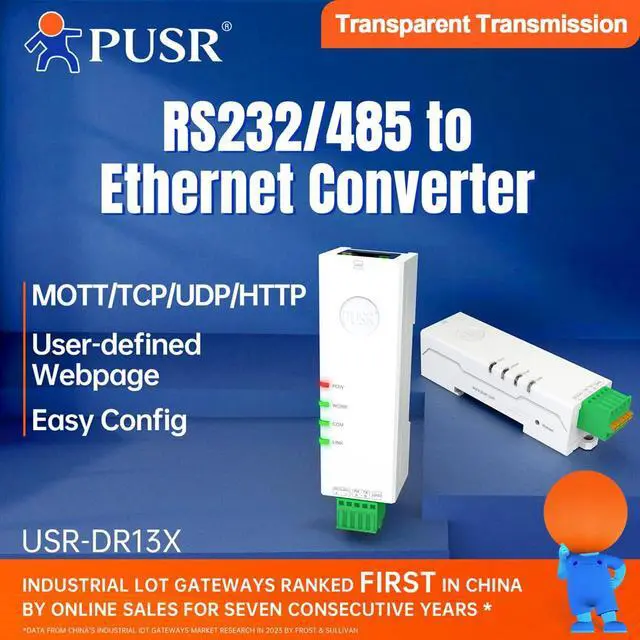 Alt view image 2 of 6 - Din Rail "Lipstick" RS485 to Ethernet Serial Device Server Modbus Gateway RTU to TCP Rich Protocols MQTT/TCP/UDP/HTTP Edge Computing USR-DR134